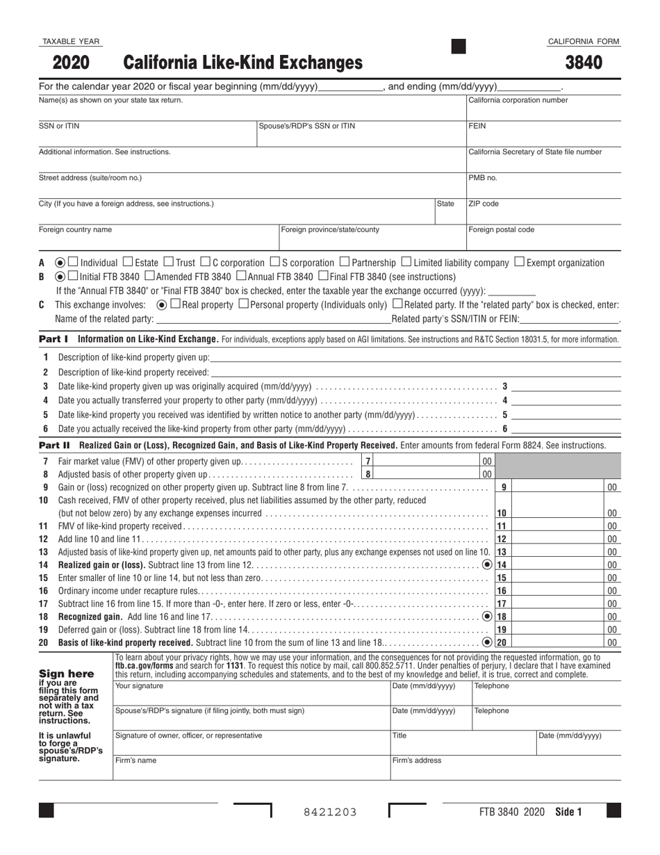 Form Ftb3840 Download Fillable Pdf Or Fill Online California Like-kind 