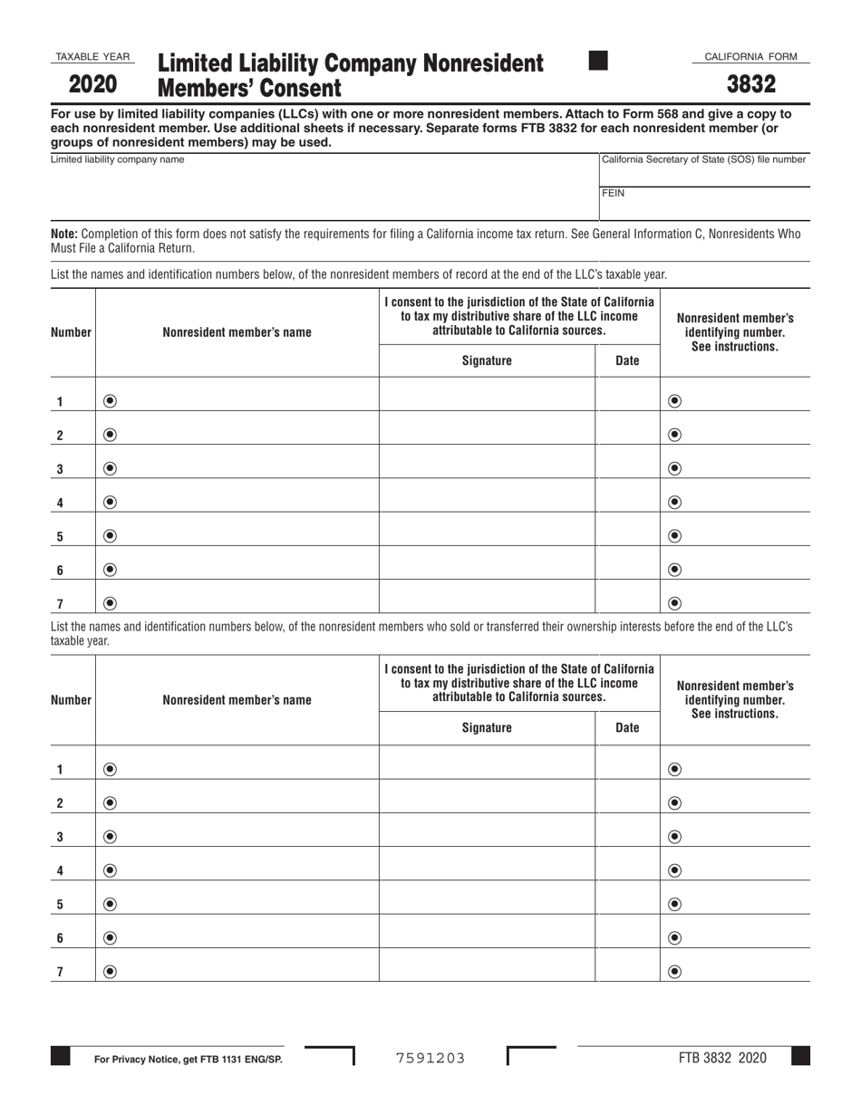 Form FTB3832 Limited Liability Company Nonresident Members Consent - California, Page 1