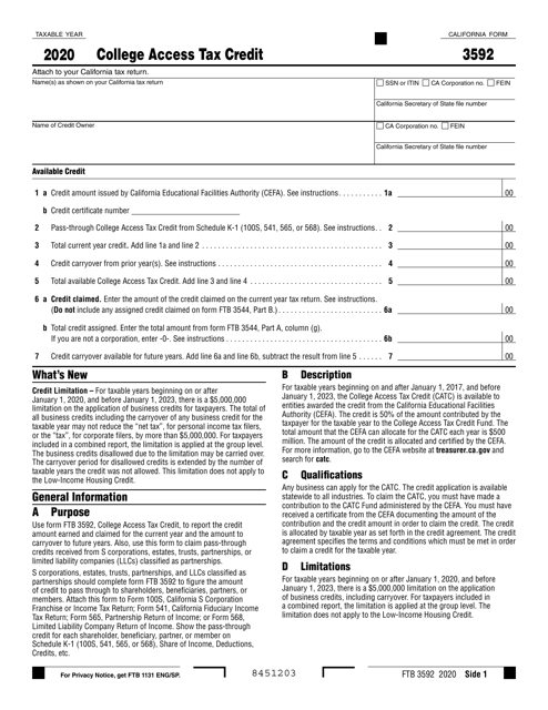 Form FTB3592 2020 Printable Pdf