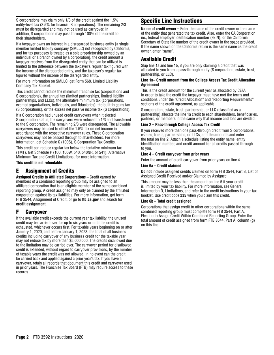 Form FTB3592 College Access Tax Credit - California, Page 2