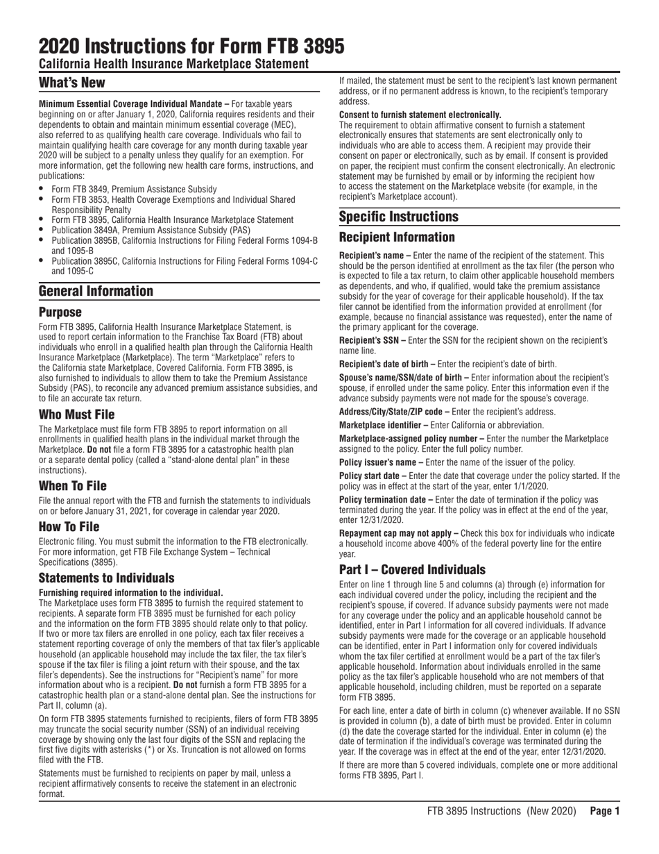 Instructions for Form FTB3895 California Health Insurance Marketplace Statement - California, Page 1