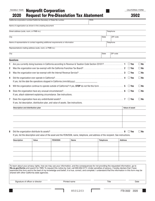 Form FTB3502 Nonprofit Corporation Request for Pre-dissolution Tax Abatement - California, 2020