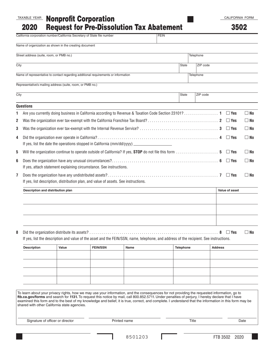 Form FTB3502 Nonprofit Corporation Request for Pre-dissolution Tax Abatement - California, Page 1