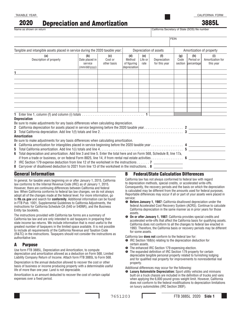 Form Ftb3885l Download Fillable Pdf Or Fill Online Depreciation And Amortization 2020 1486