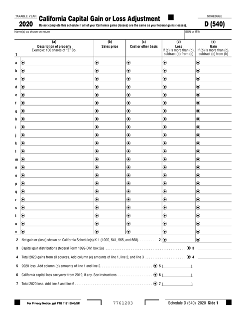 Form 540 Schedule D 2020 Printable Pdf