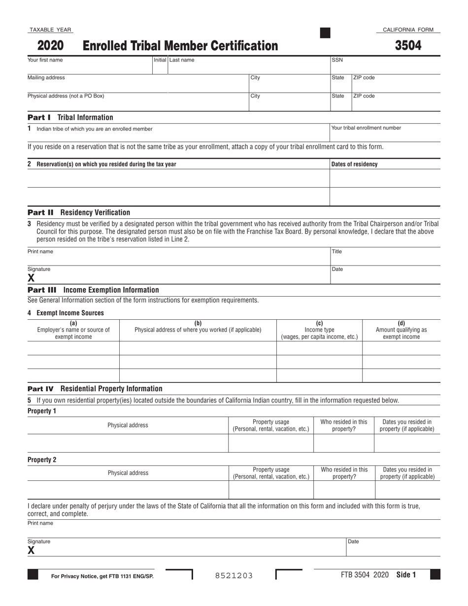 Form FTB3504 Enrolled Tribal Member Certification - California, Page 1