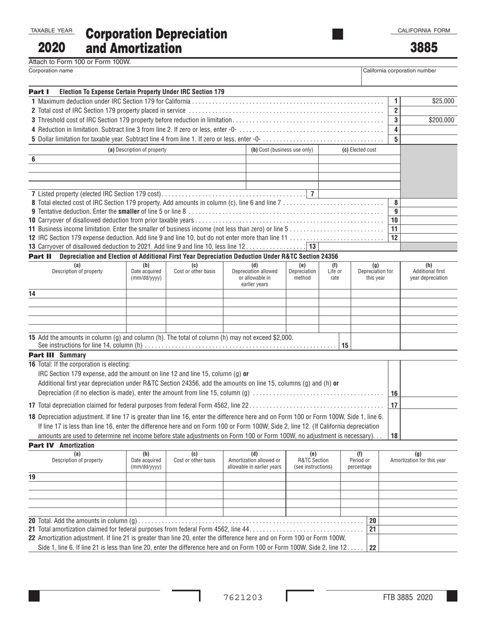 Form FTB3885 Corporation Depreciation and Amortization - California, Page 1