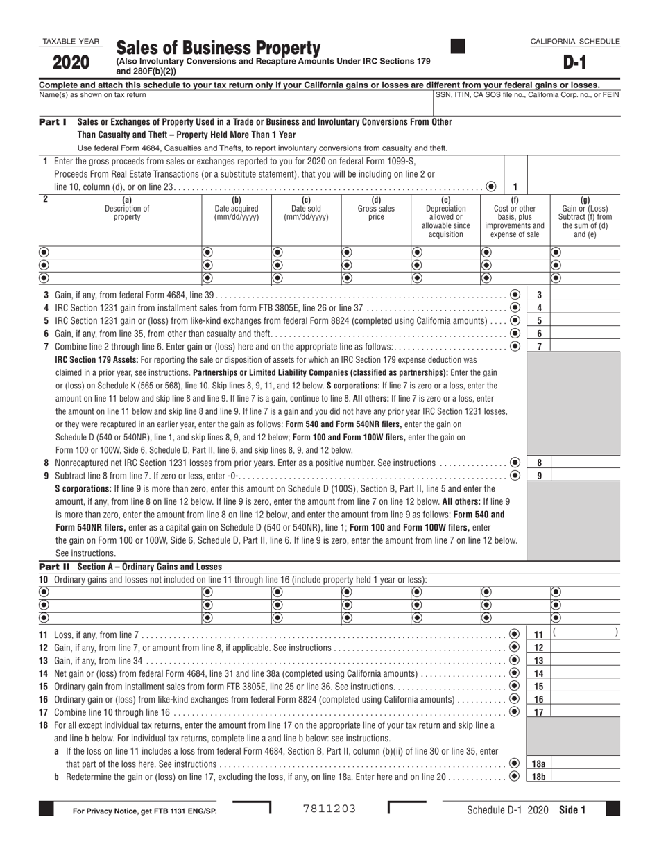 Schedule D-1 Sales of Business Property - California, Page 1