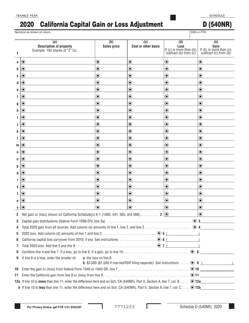 Form 540NR Schedule D 2020 Printable Pdf