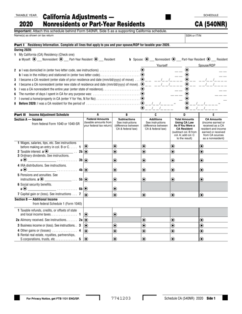 Schedule Ca 540nr 2022 Form 540Nr Schedule Ca Download Fillable Pdf Or Fill Online California  Adjustments - Nonresidents Or Part-Year Residents - 2020 California |  Templateroller