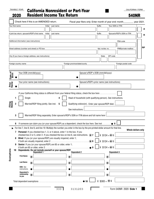 Form 540NR 2020 Printable Pdf