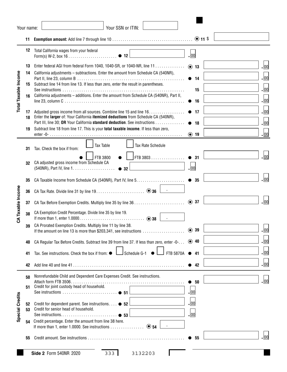 Form 540NR California Nonresident or Part-Year Resident Income Tax Return - California, Page 2