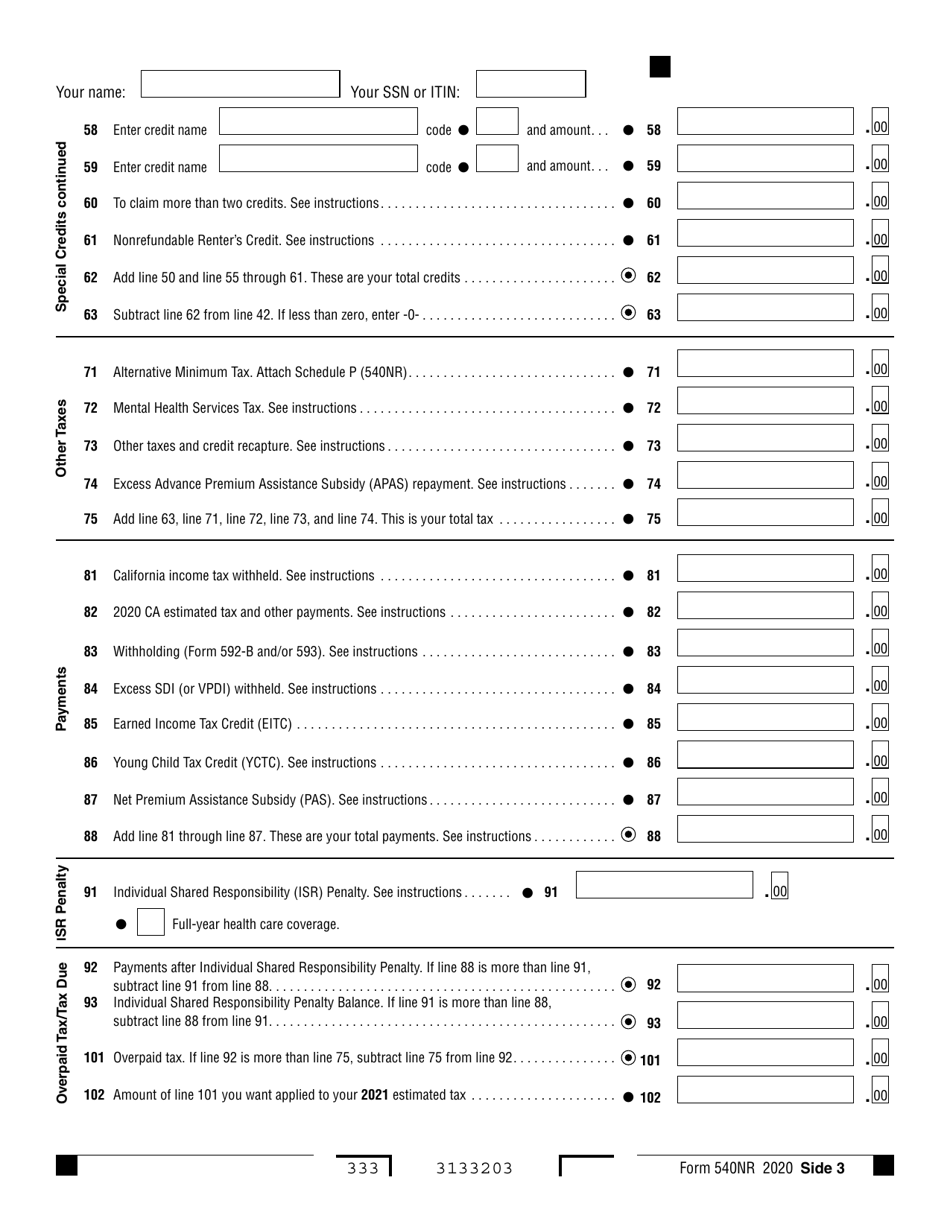 Form 540NR California Nonresident or Part-Year Resident Income Tax Return - California, Page 3