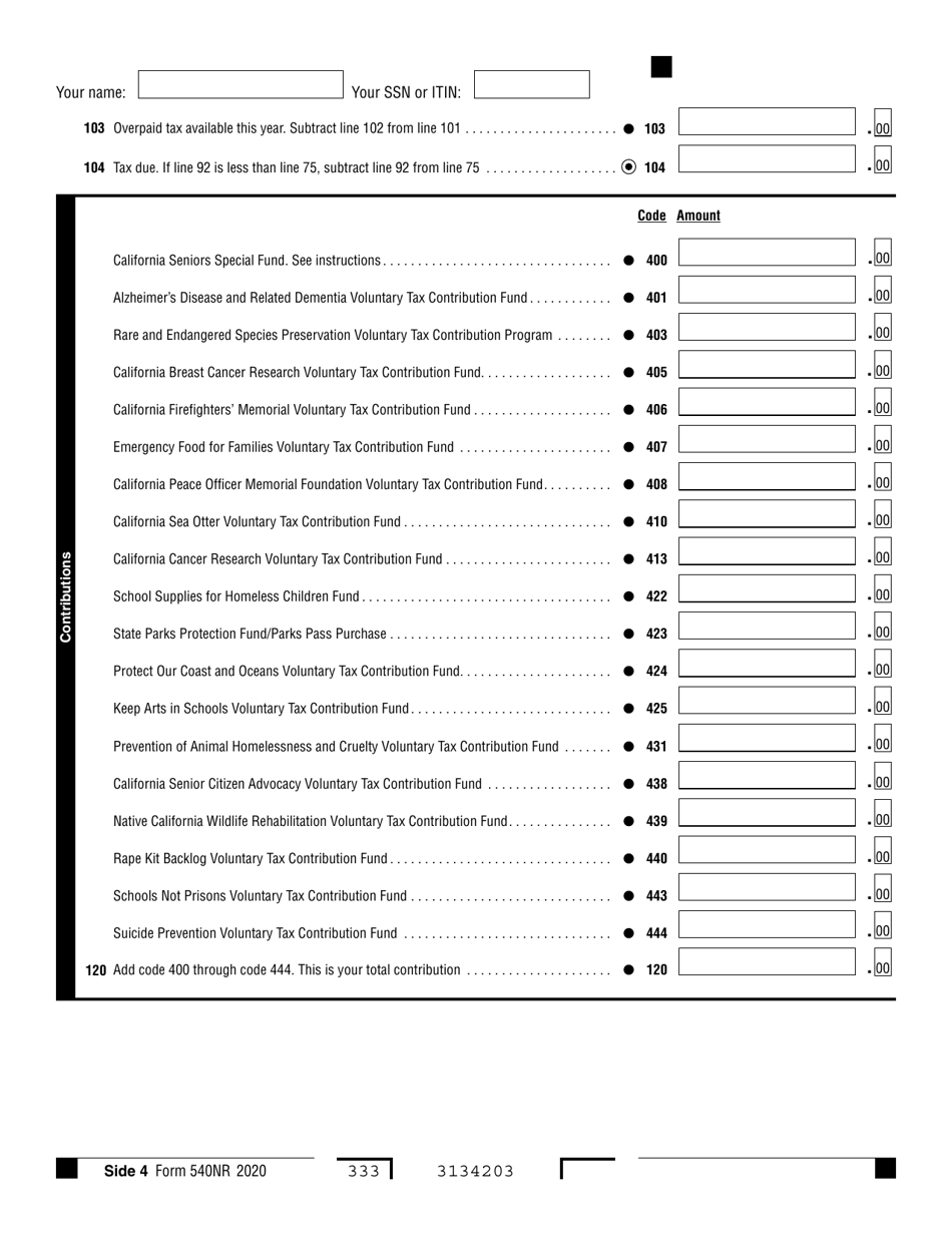 Form 540NR California Nonresident or Part-Year Resident Income Tax Return - California, Page 4