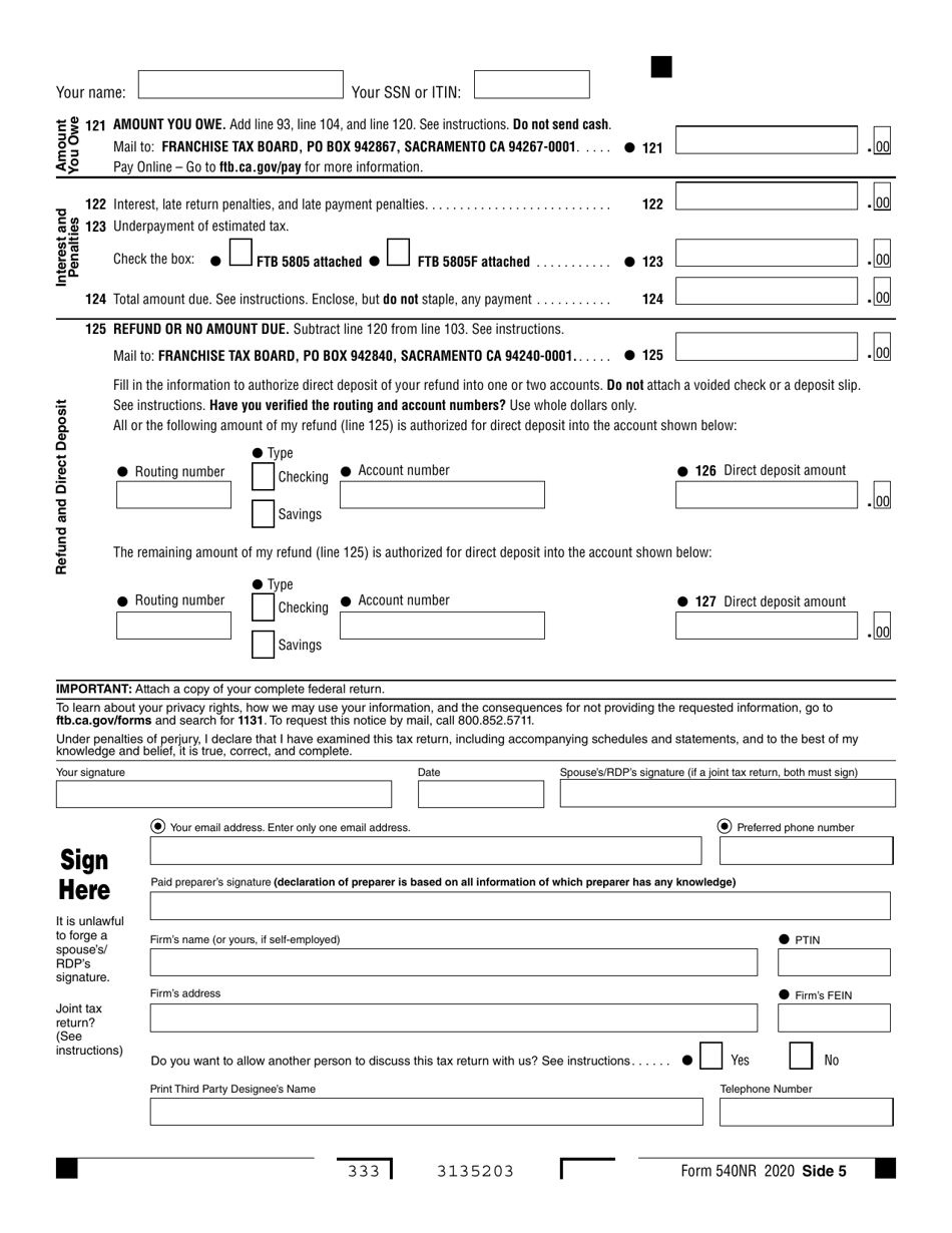 Form 540NR California Nonresident or Part-Year Resident Income Tax Return - California, Page 5