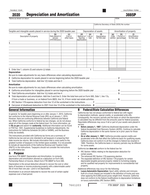 Form FTB3885P 2020 Printable Pdf