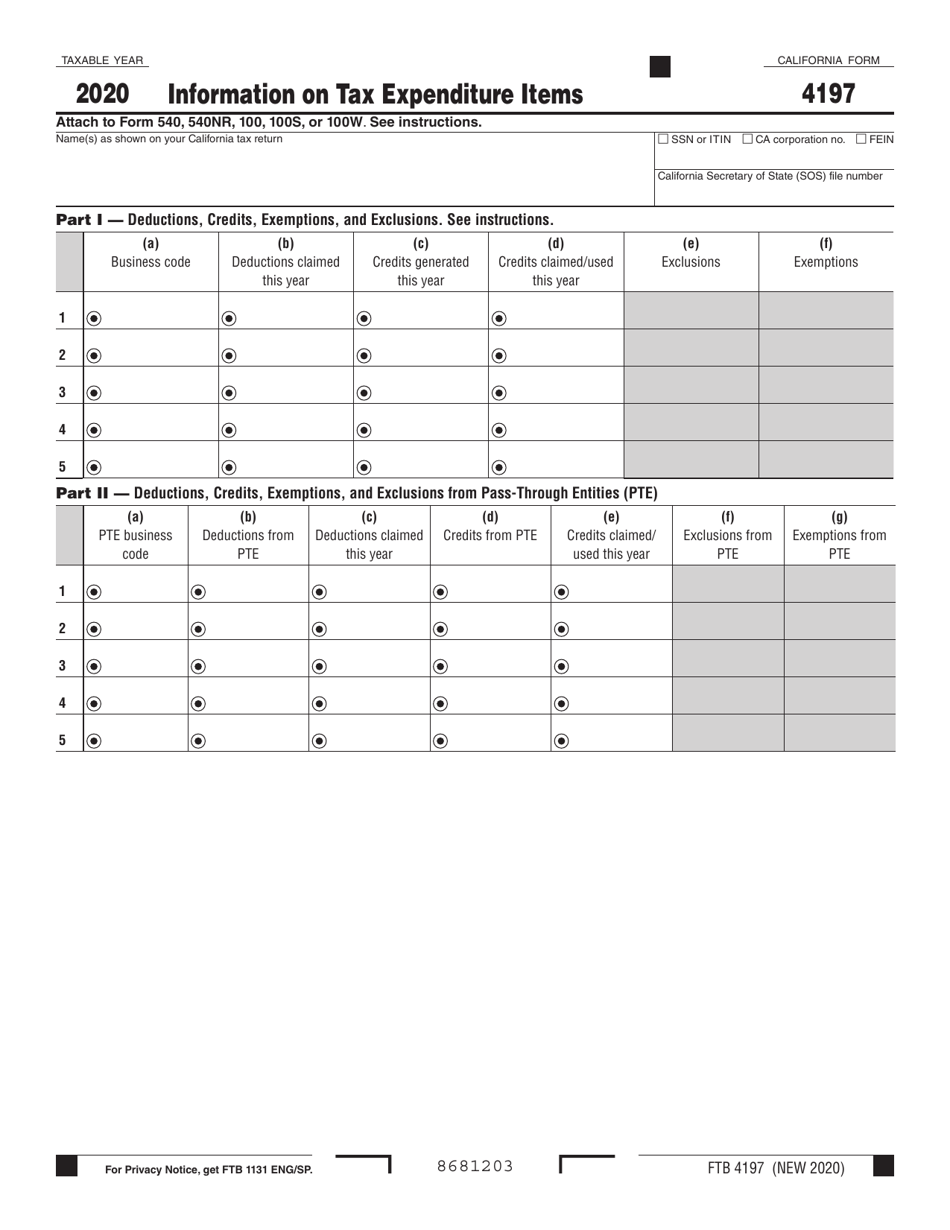 Form FTB4197 Information on Tax Expenditure Items - California, Page 1