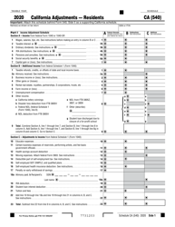 Form 540 Schedule CA &quot;California Adjustments - Residents&quot; - California, 2020