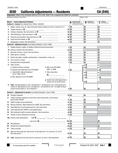 Form 540 Schedule CA 2020 Printable Pdf