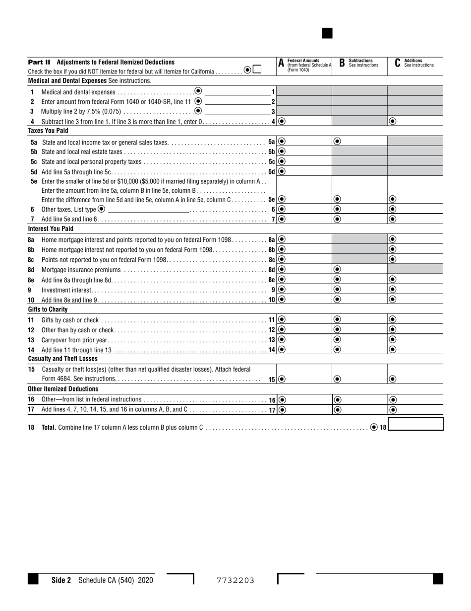 Form 540 Schedule CA California Adjustments - Residents - California, Page 2