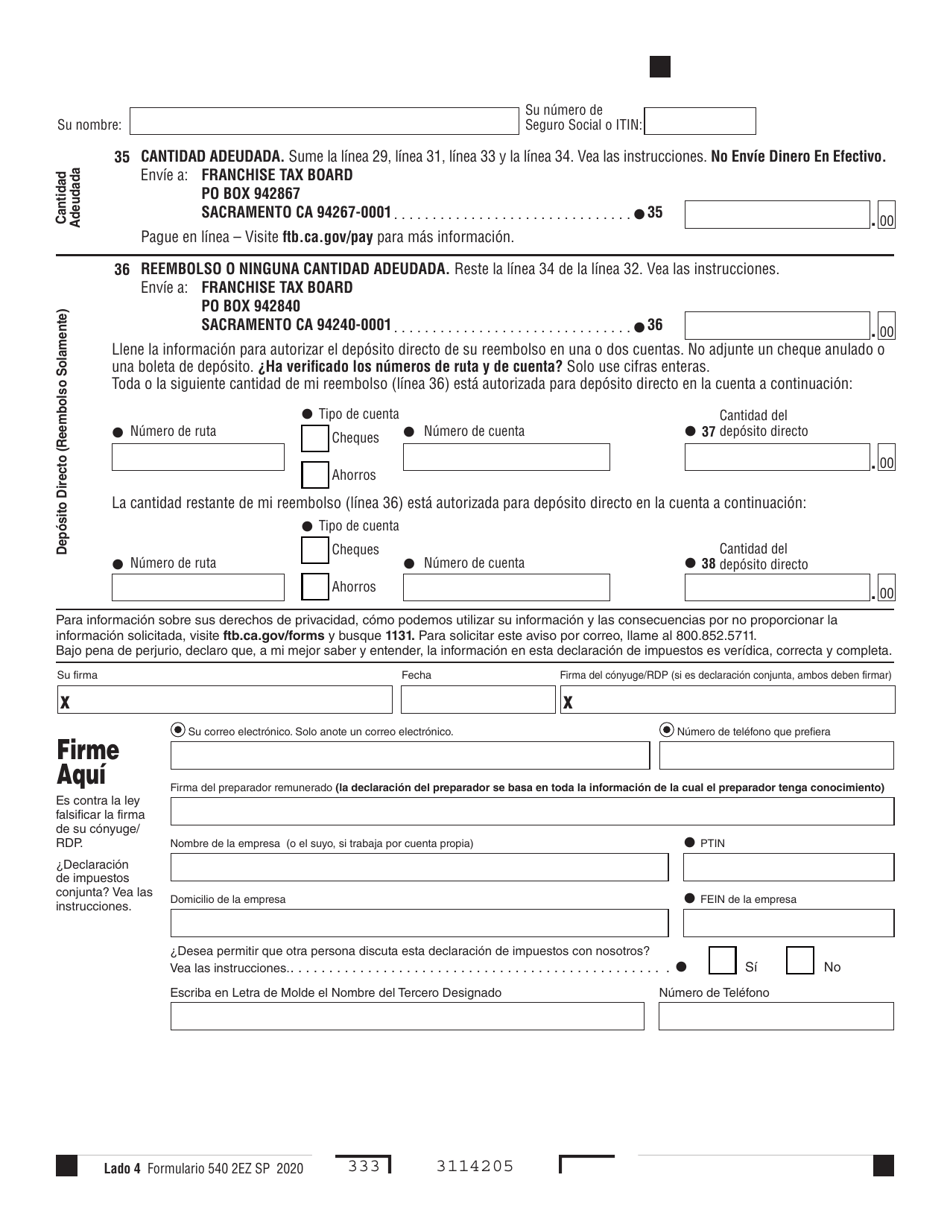 Formulario 540 2EZ SP Declaracion De Impuestos Sobre El Ingreso Para Residente De California - California (Spanish), Page 4
