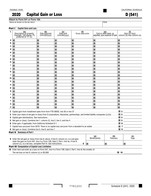 Form 541 Schedule D 2020 Printable Pdf