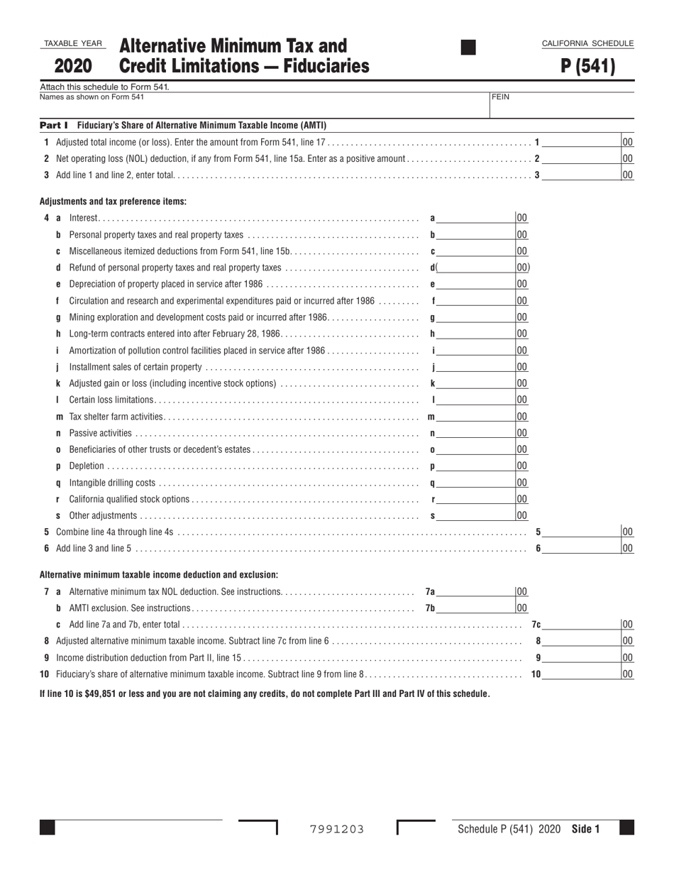 Form 541 Schedule P Alternative Minimum Tax and Credit Limitations - Fiduciaries - California, Page 1