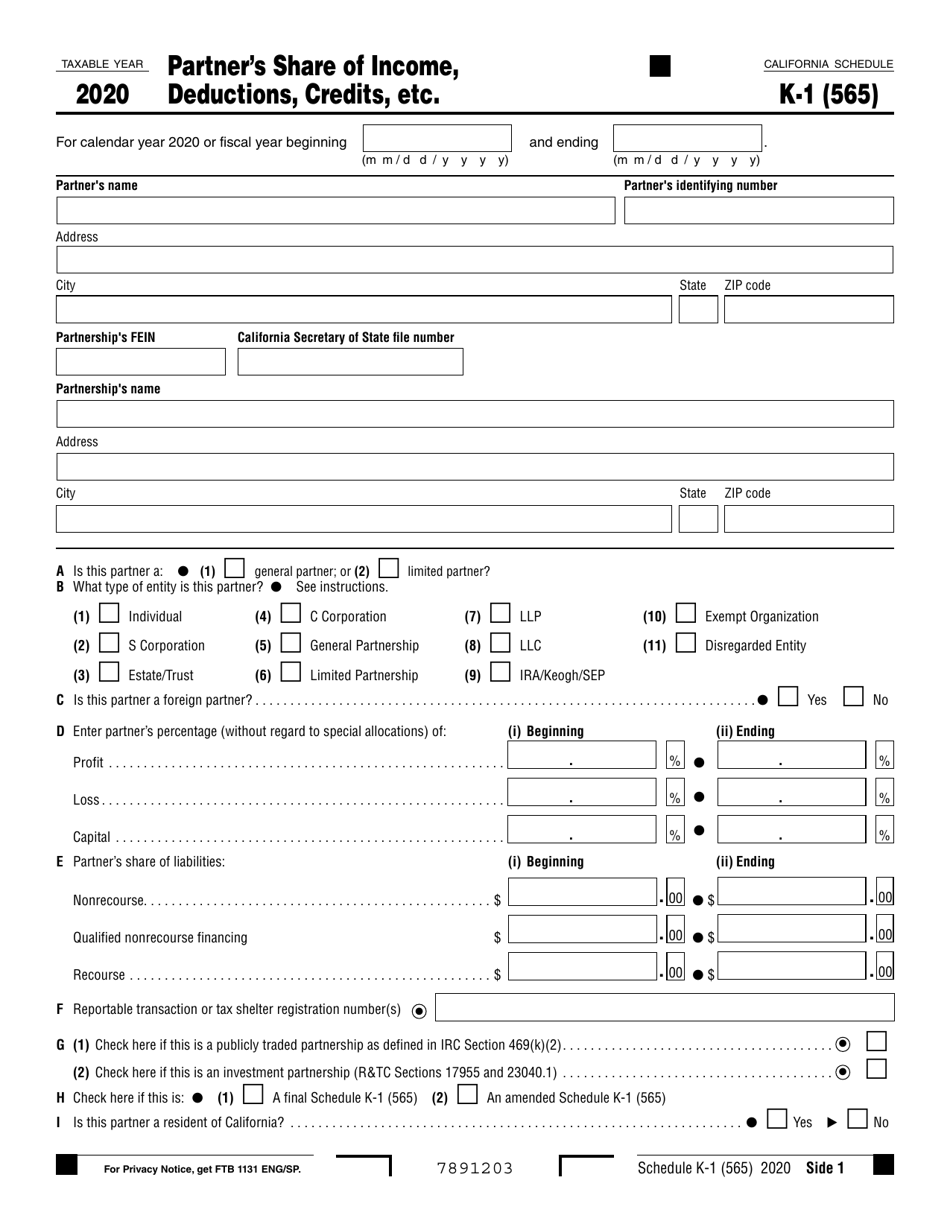 Form 565 Schedule K-1 Partners Share of Income, Deductions, Credits, Etc. - California, Page 1