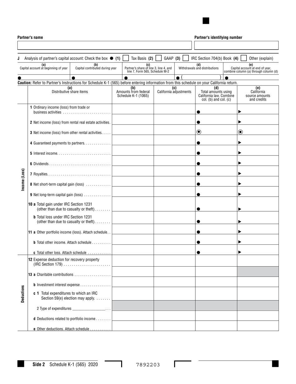 Form 565 Schedule K-1 Partners Share of Income, Deductions, Credits, Etc. - California, Page 2
