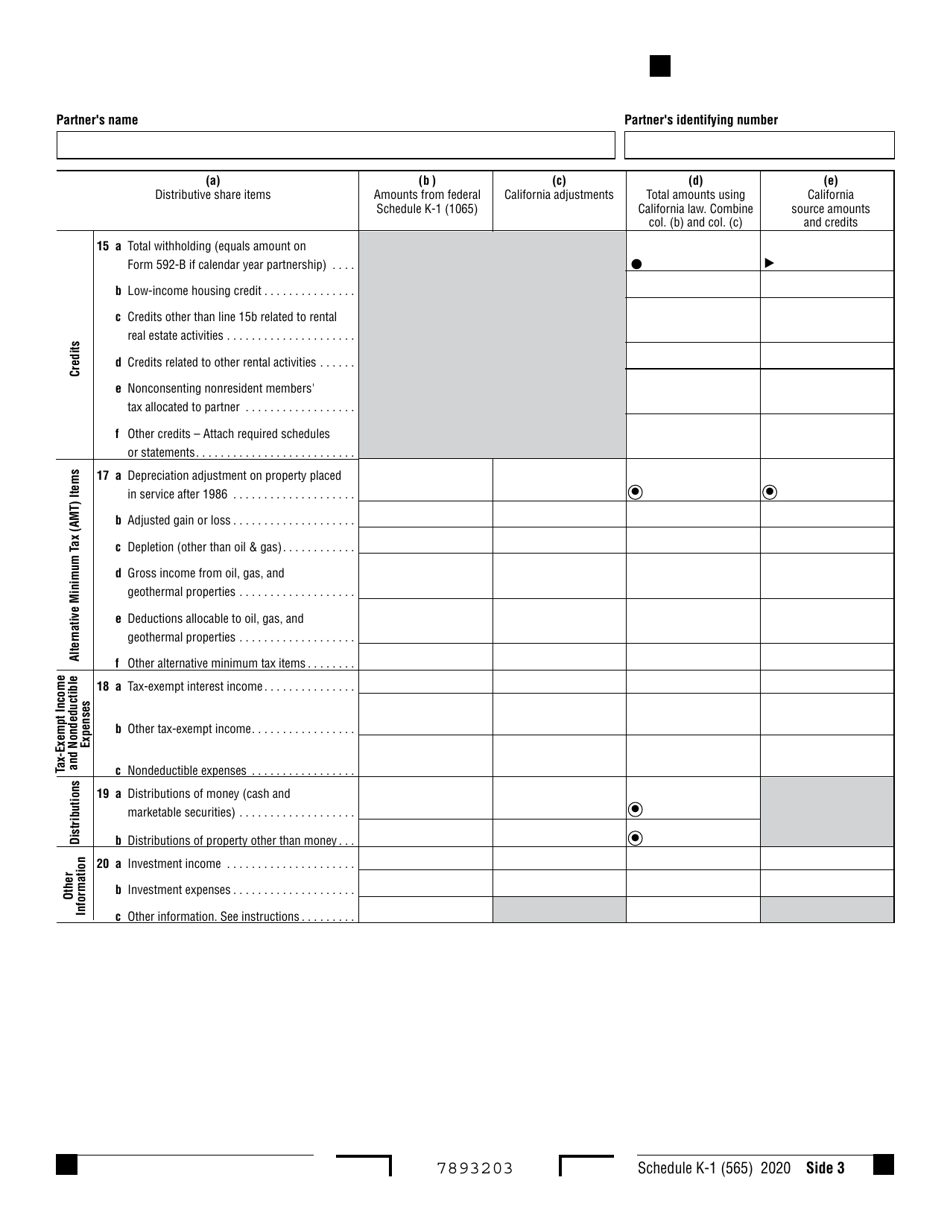 Form 565 Schedule K-1 Partners Share of Income, Deductions, Credits, Etc. - California, Page 3