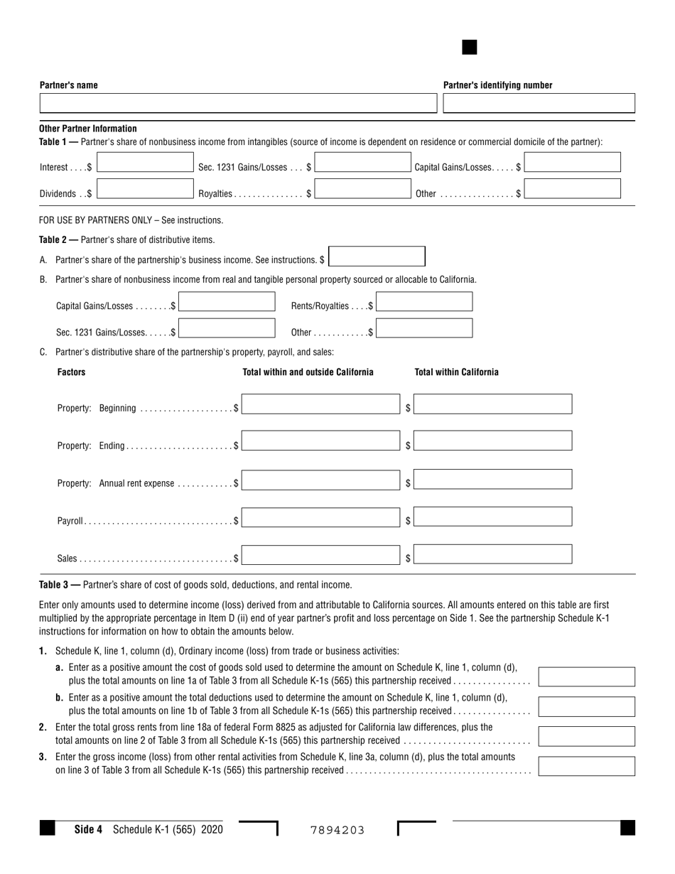Form 565 Schedule K-1 Partners Share of Income, Deductions, Credits, Etc. - California, Page 4