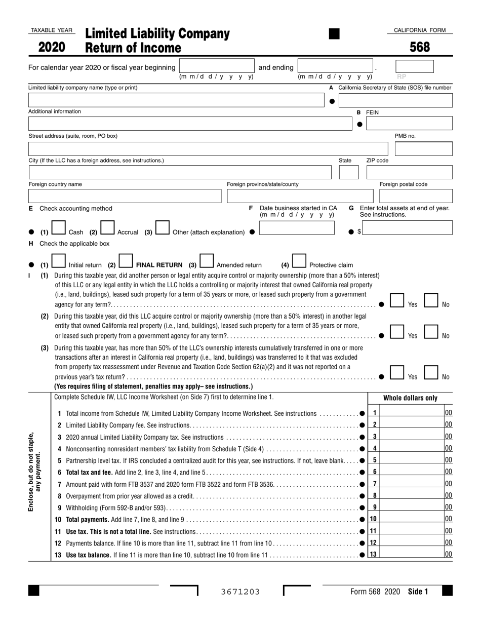 Form 568 Limited Liability Company Return of Income - California, Page 1