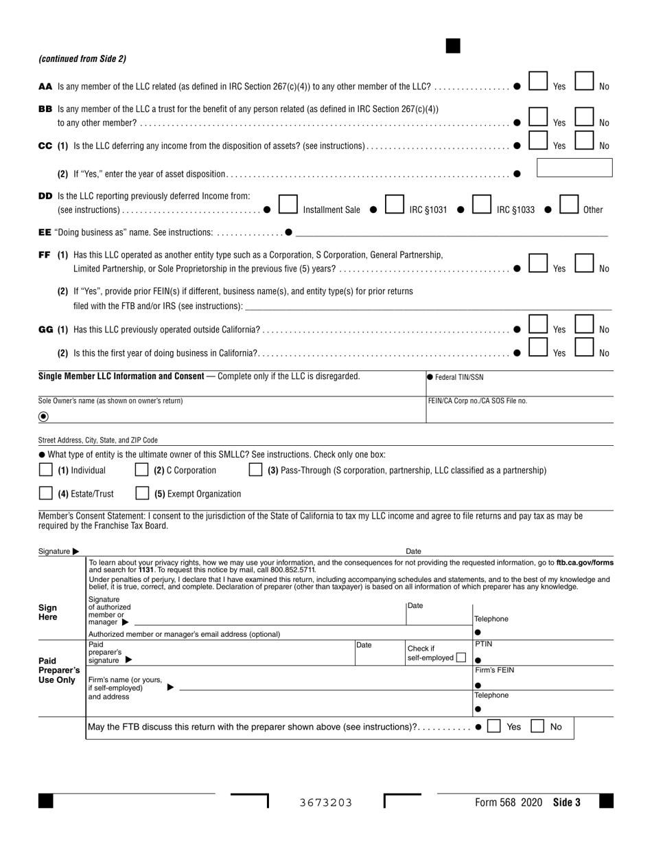 Form 568 Limited Liability Company Return of Income - California, Page 3