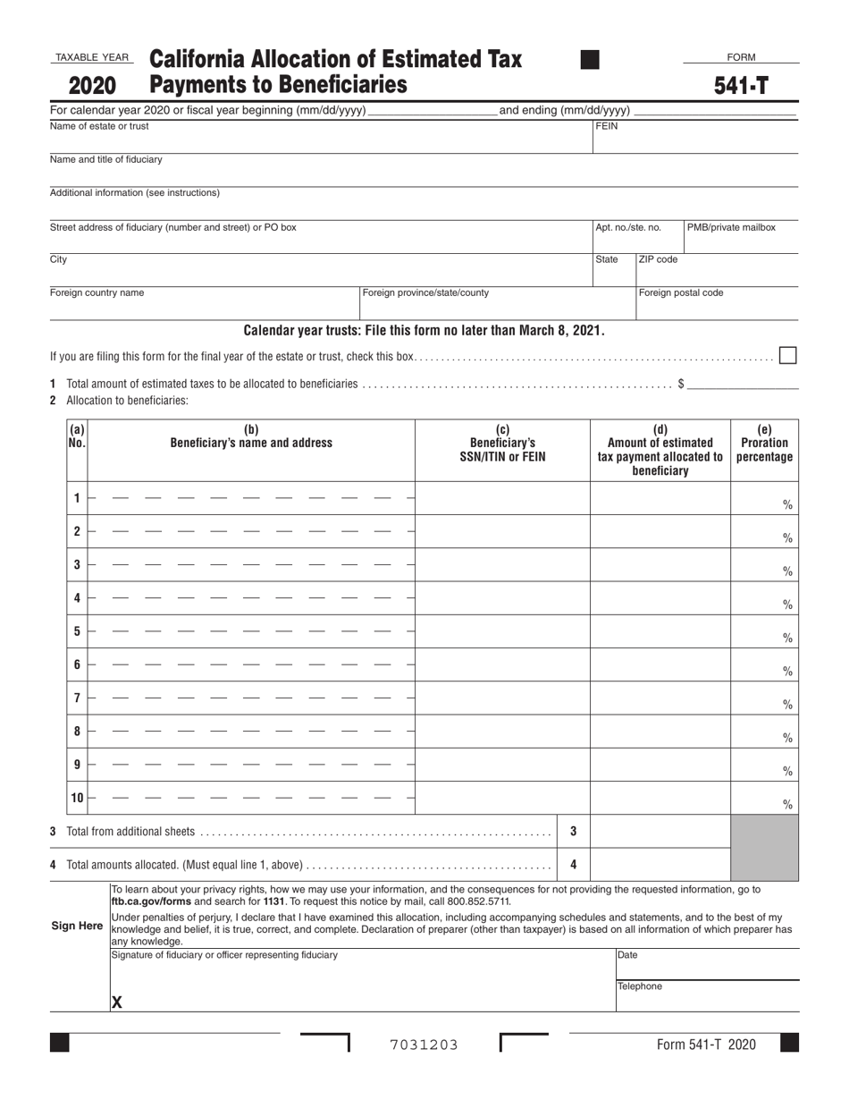 Form 541-T California Allocation of Estimated Tax Payments to Beneficiaries - California, Page 1