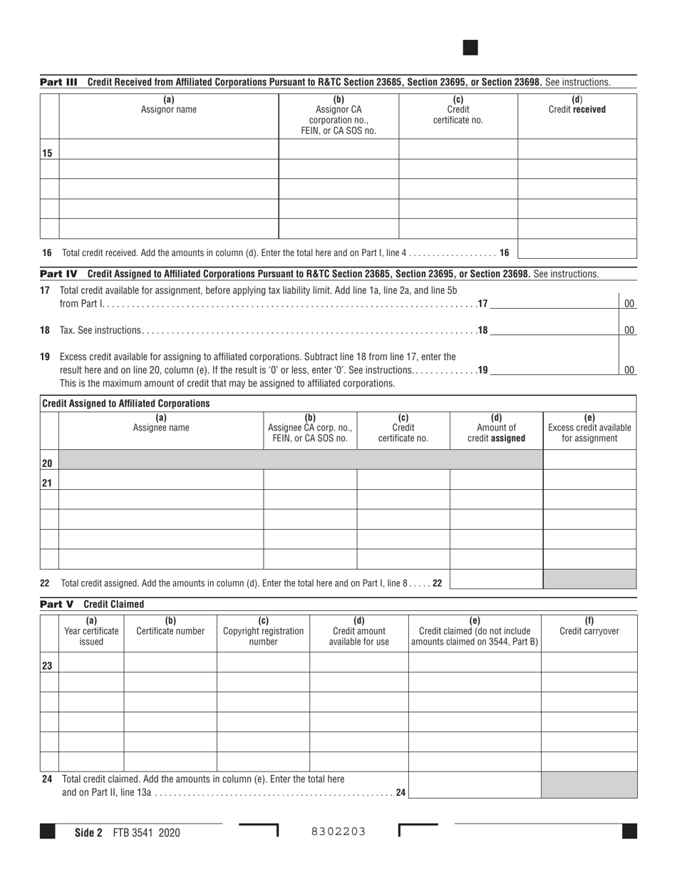 Form FTB3541 California Motion Picture and Television Production Credit - California, Page 2
