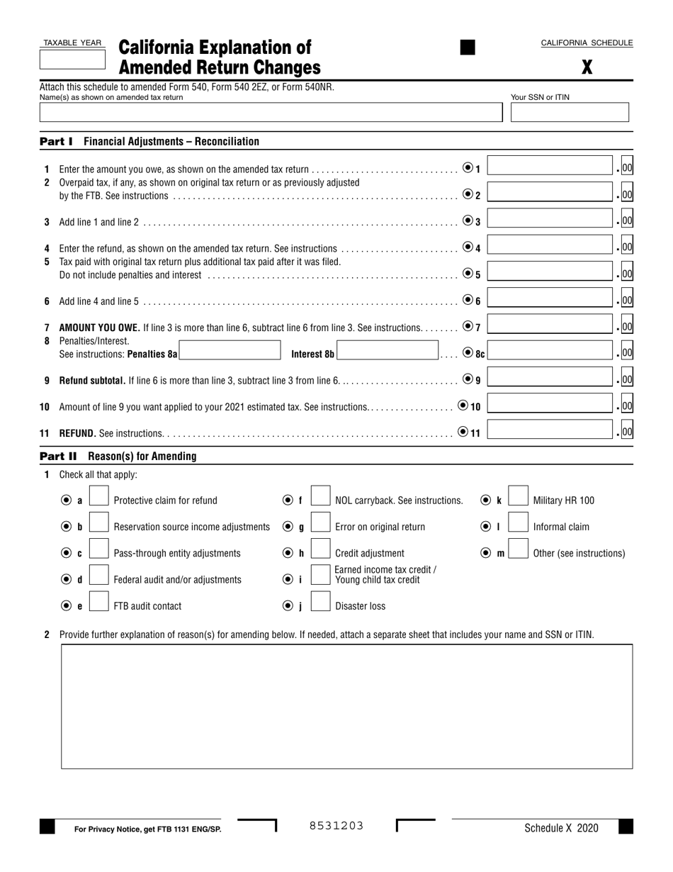 2020 California California Explanation of Amended Return Changes Fill