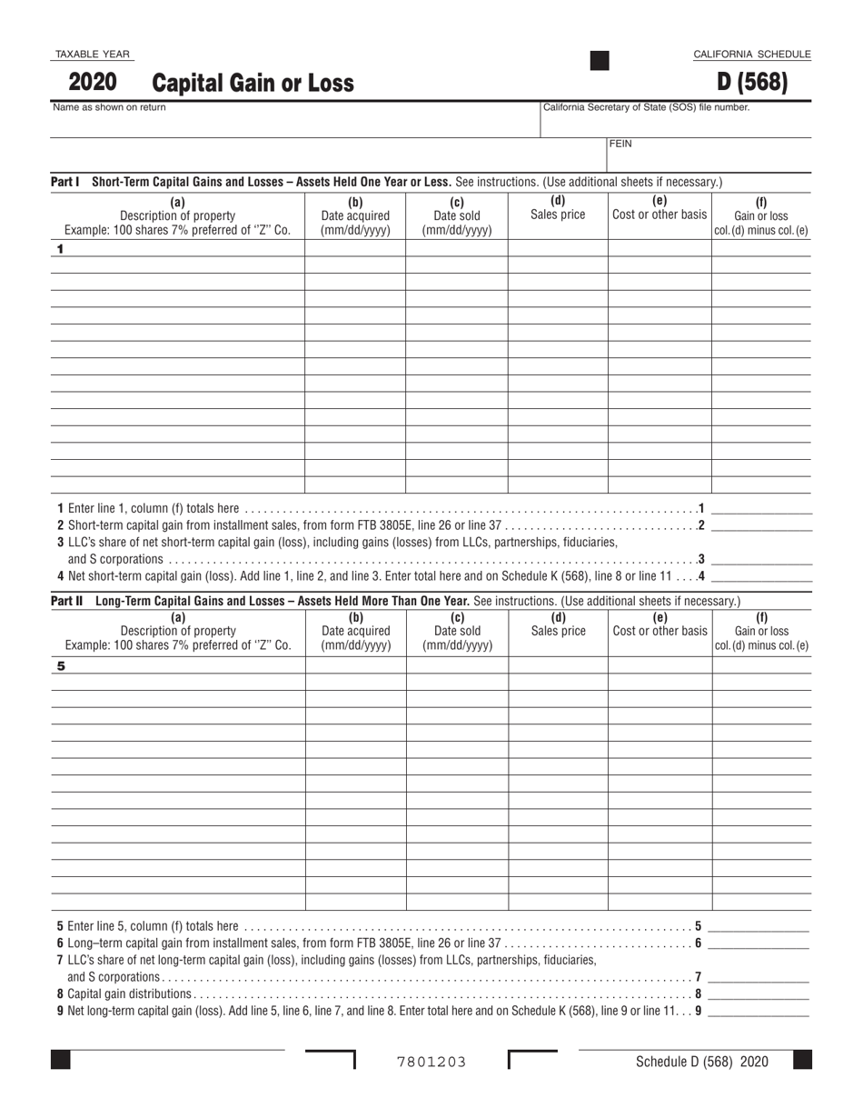 Form 568 Schedule D Capital Gain or Loss - California, Page 1
