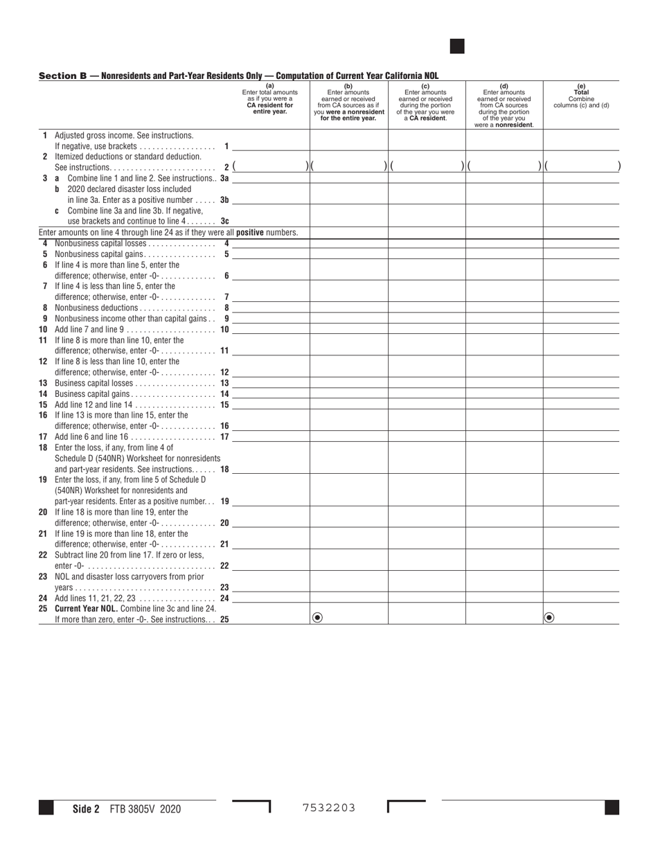 Form FTB3805V Net Operating Loss (Nol) Computation and Nol and Disaster Loss Limitations - Individuals, Estates, and Trusts - California, Page 2