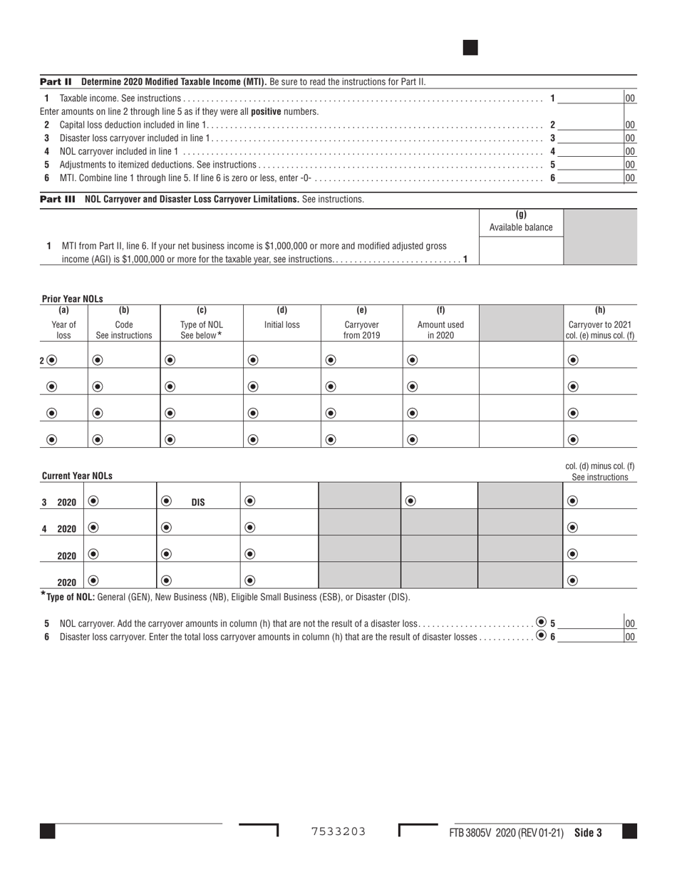 Form FTB3805V Net Operating Loss (Nol) Computation and Nol and Disaster Loss Limitations - Individuals, Estates, and Trusts - California, Page 3