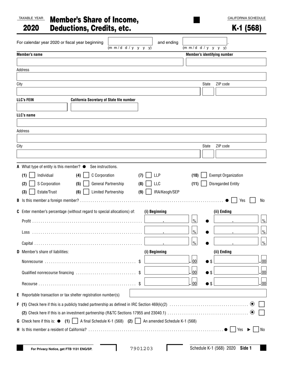Form 568 Schedule K-1 Members Share of Income, Deductions, Credits, Etc. - California, Page 1