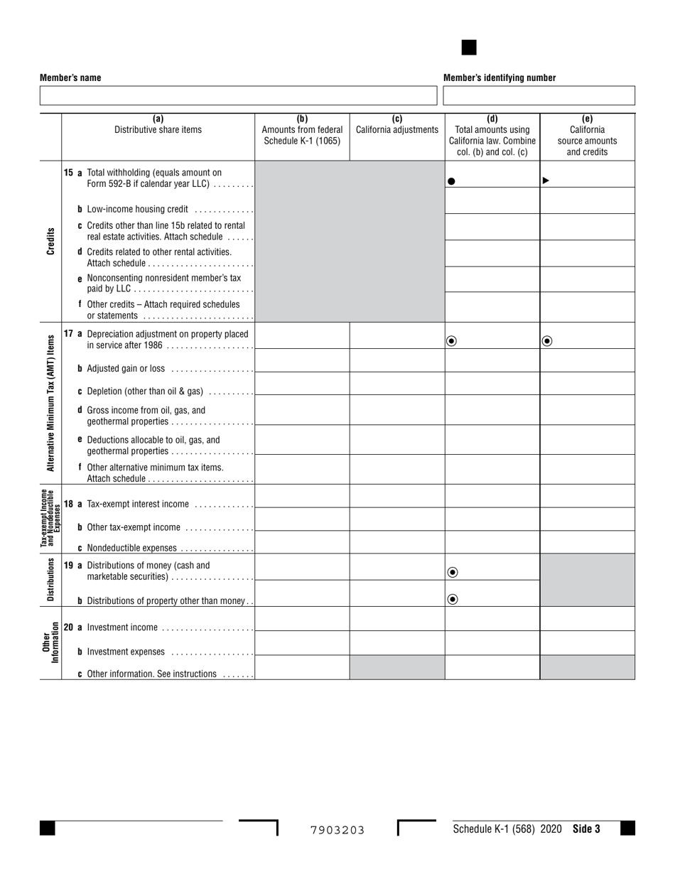 Form 568 Schedule K-1 Members Share of Income, Deductions, Credits, Etc. - California, Page 3