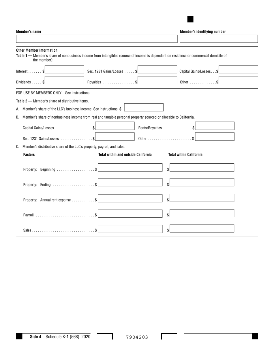 Form 568 Schedule K-1 Members Share of Income, Deductions, Credits, Etc. - California, Page 4