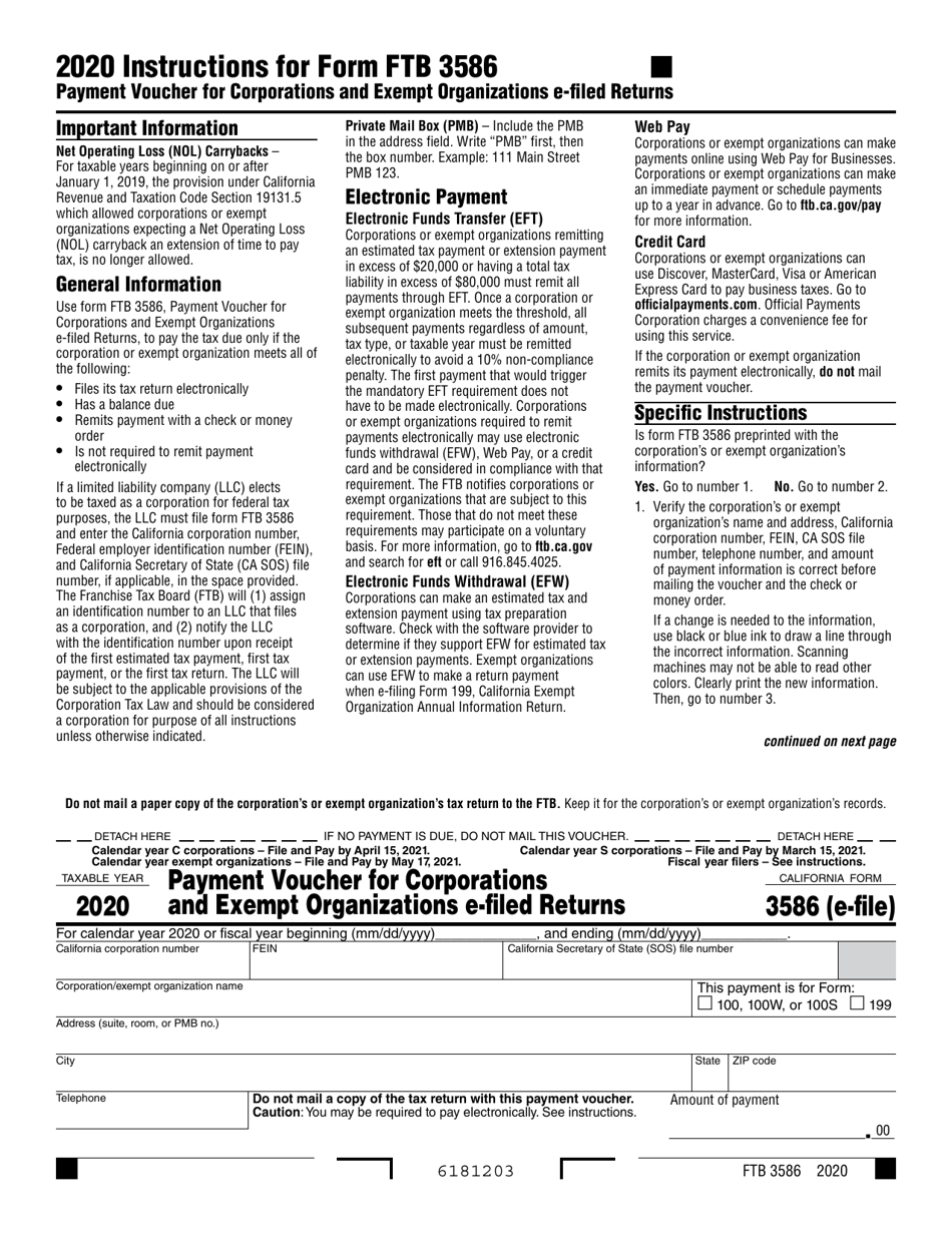 Form FTB3586 Payment Voucher for Corporations and Exempt Organizations E-Filed Returns - California, Page 1