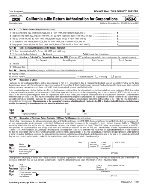Form FTB8453-C California E-File Return Authorization for Corporations - California, 2020