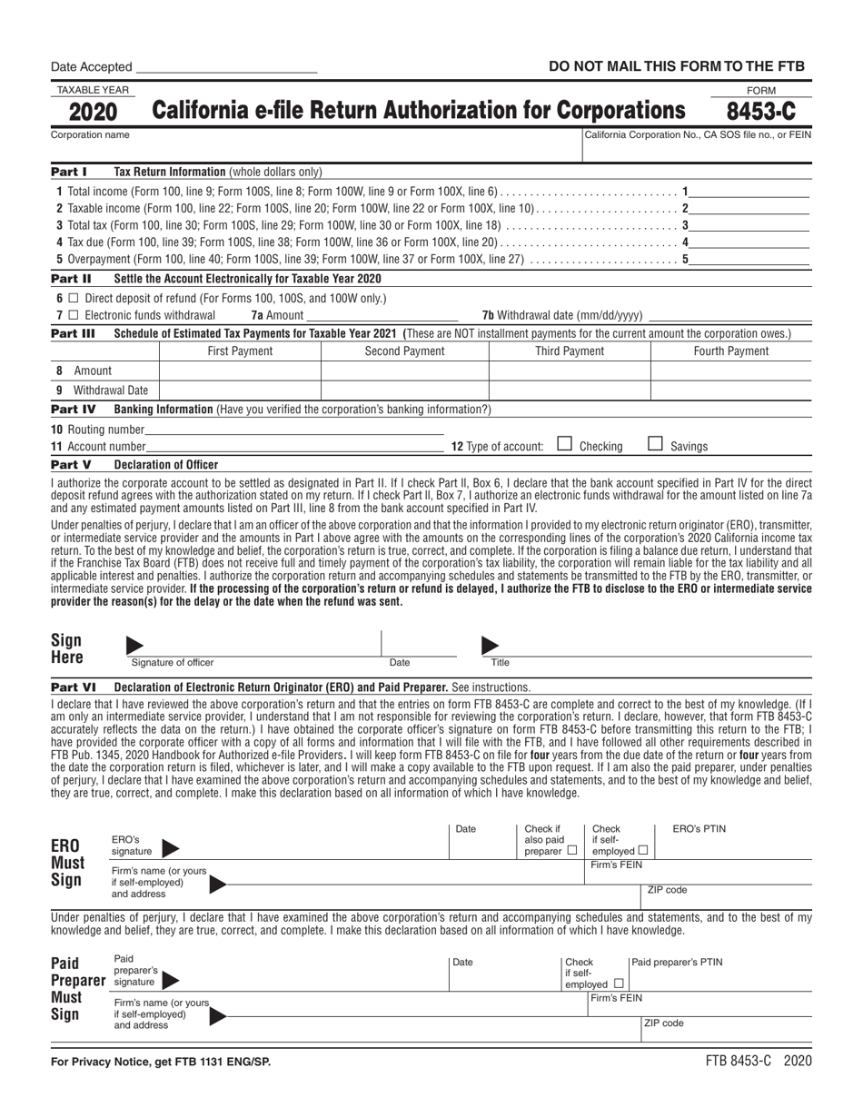 Form FTB8453-C California E-File Return Authorization for Corporations - California, Page 1