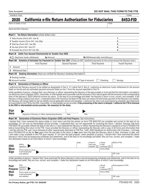 Form FTB8453-FID 2020 Printable Pdf