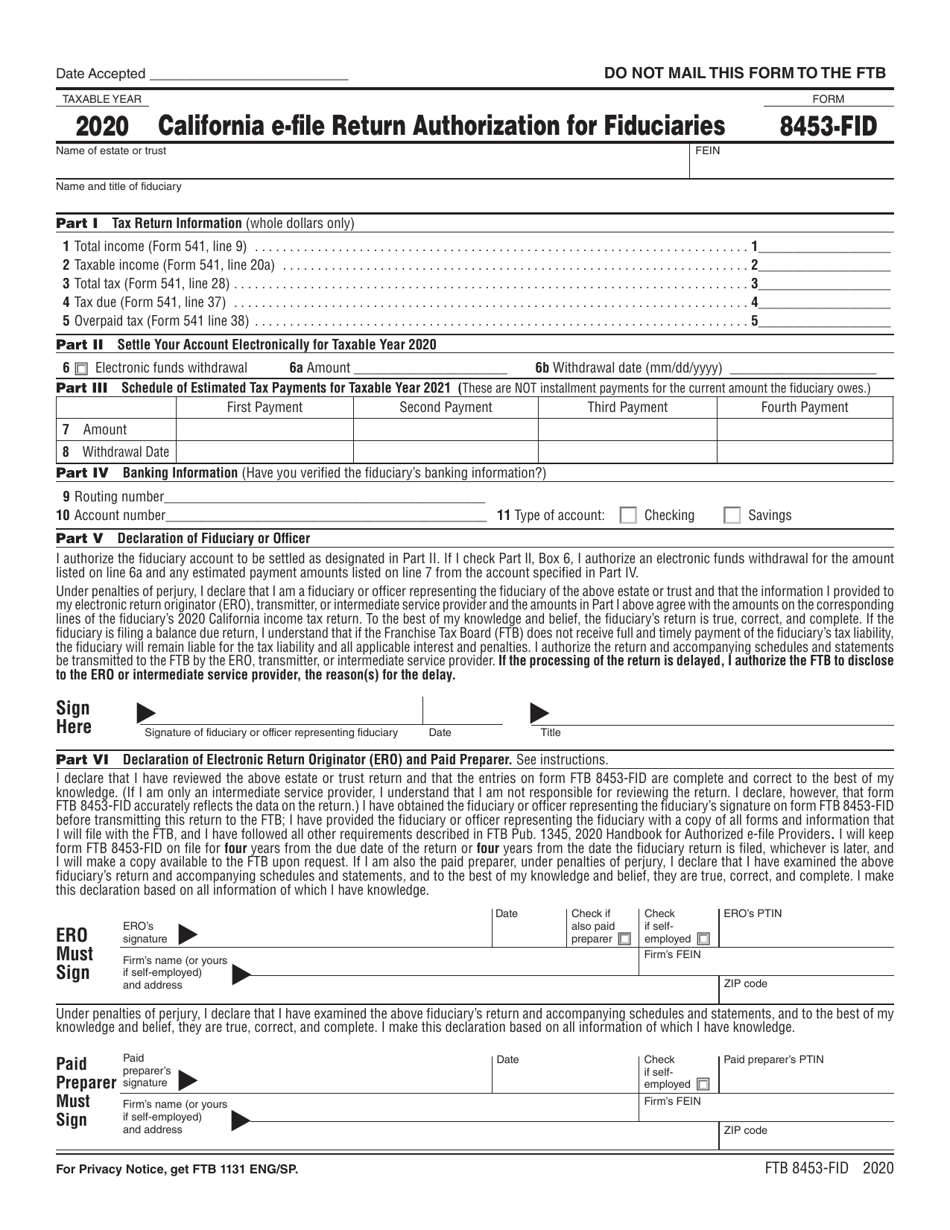 Form FTB8453-FID California E-File Return Authorization for Fiduciaries - California, Page 1