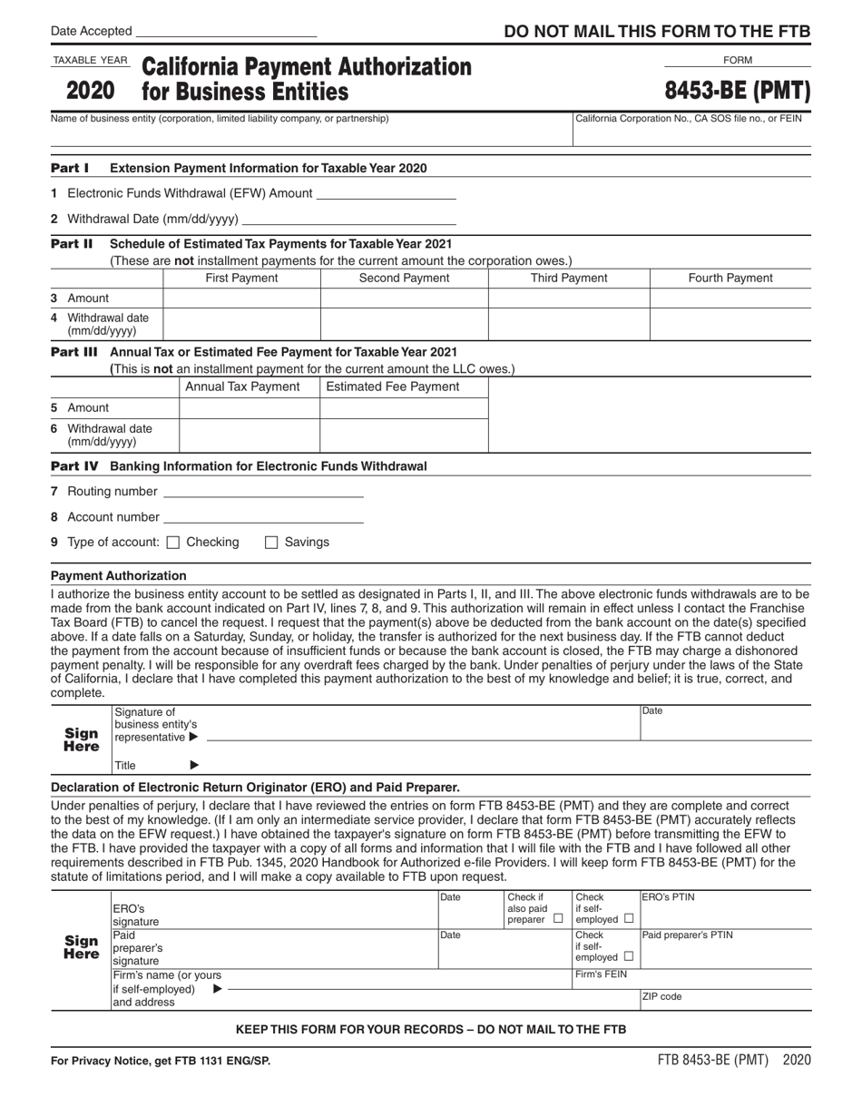 Form FTB8453-BE (PMT) California Payment Authorization for Business Entities - California, Page 1