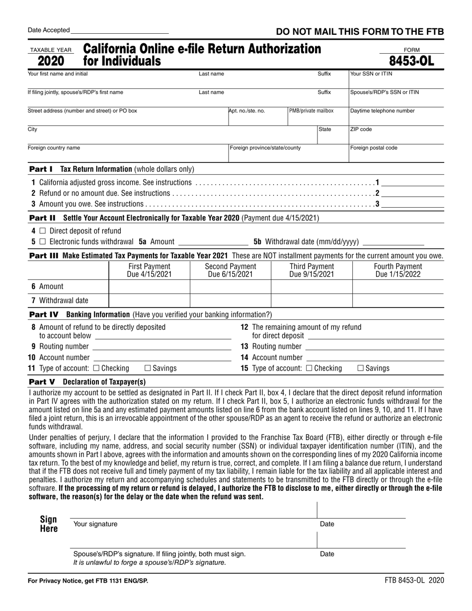 Form FTB8453-OL California Online E-File Return Authorization for Individuals - California, Page 1