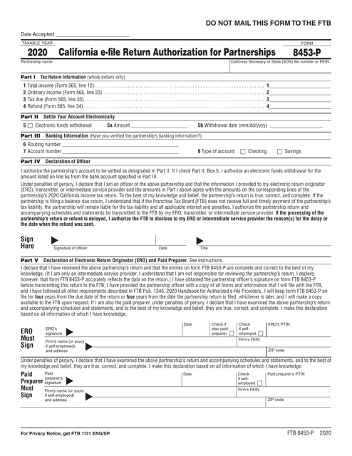 Form FTB8453-P California E-File Return Authorization for Partnerships - California, 2020